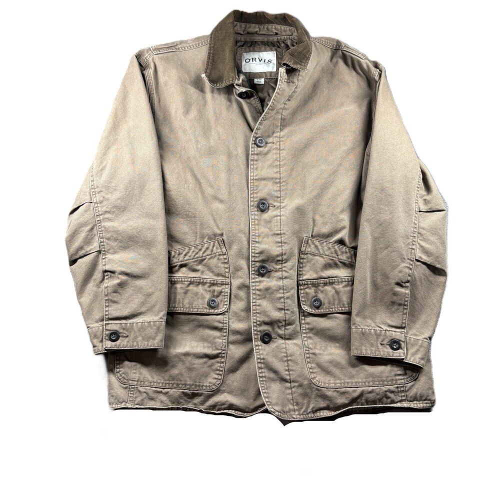 Orvis Men Canvas Chore Coat Barn Jacket Corduroy Collar Button Up Khaki Brown XL